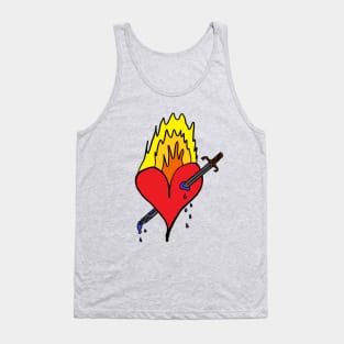 Burning red heart that was bleeding blue by a sword that ripped it! A cute, pretty, beautiful red heart drawing which is burning and ruptured by sword. Tank Top